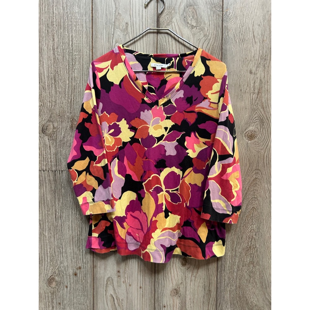 Chicos Floral Pima Cotton V-Neck Top Size 2 Large 3/4 Sleeve Multicolor Knit